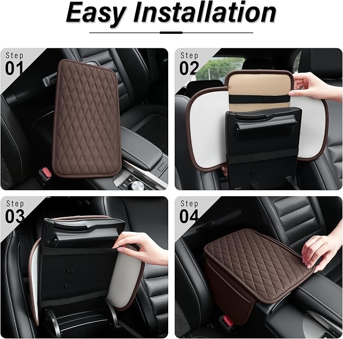 Amiss Car Center Console, Upgraded Leather Car Armrest Cushion with 2 Storage Pockets, Universal Waterproof Cushion Pad, Non-Slip Car Interior Accessories, Fits Most Sedans SUVs Trucks (Brown)