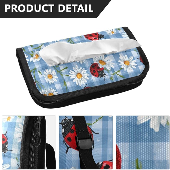 Blue Plaid Ladybugs Daisy Car Tissue Holder Durable Napkin Holder Hanging Tissue Holders Case Car Tissues Bag for Sun Visor Seat Back Universal Auto