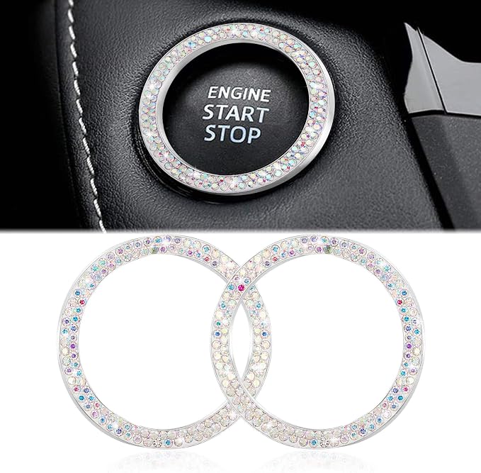 WINKA 2pcs Bling Car Engine Start Button Cover Diamond Crystal Push Start Stop Button Ring Sparkly Bling Ignition Button Cover Rhinestone Keyless Ignition Ring Universal Car Accessories (Colorful)