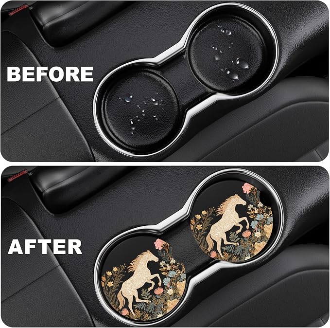 2 Pack Car Cup Holder Coaster, 2.63 inch Anti Slip Insert Absorbent Ceramic Car Coaster with Cork Base and Finger Notch, Cute Car Accessories Interior for Women, Cute Car Coasters.