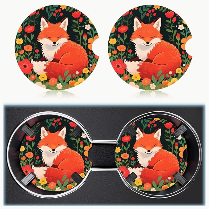 Car Cup Holder Coaster Set of 2, 2.56 in Ceramic Coasters, Scratch-Resistant Cork Backing, Finger Groove Design for Easy Placement, Cute Car Accessories Interior for Women (Red Fox)