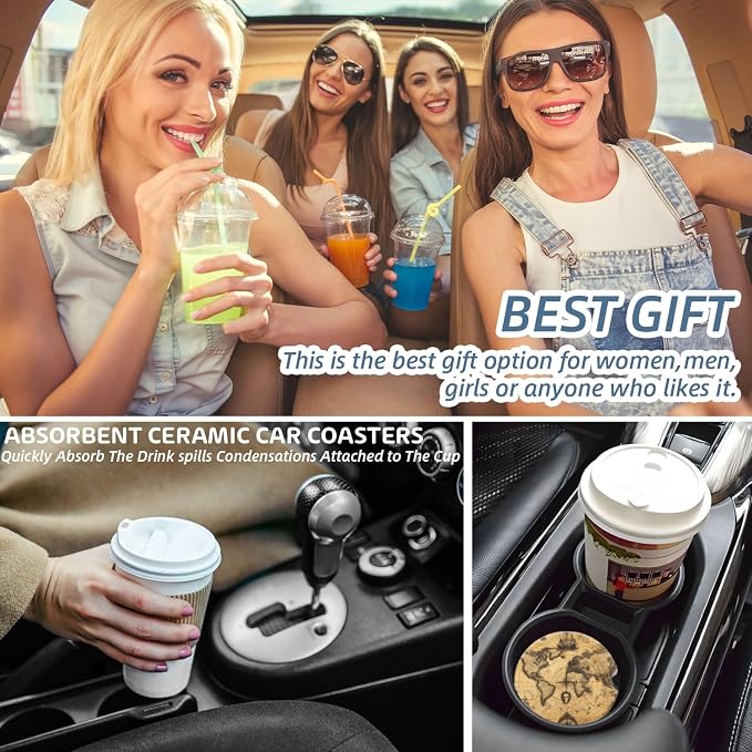 Cup Holder for Car,Rustic Ancient World Map Print Ceramic Coasters Non-Slip Cup Holder Insert with Fingertip Grip, Auto Interior Accessories for Women & Men,Pack of 2, 2.56In