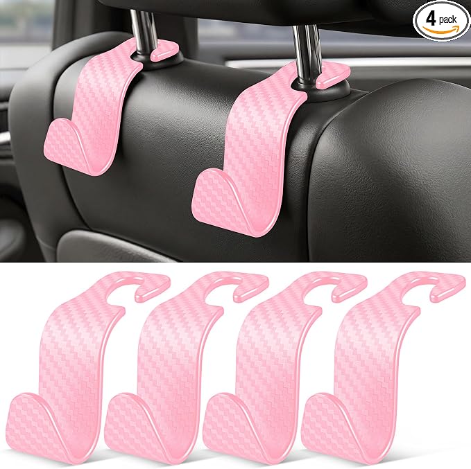 SINGARO Universal 4 Pack Car Seat Headrest Purse Hook, Carbon Fiber Back Seat Hook Storage Organizer Hanger for Purse Handbag Coat, Car Interior Accessories(Pink)