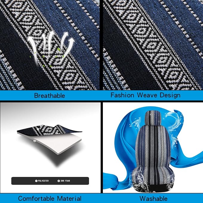 Baja Saddle Blanket Car Seat Covers 4PCS Front, Breathable and Washable Striped Woven Automotive Vehicle Universal Seat Cover for Sedan, SUV, Truck, Airbag Compatible