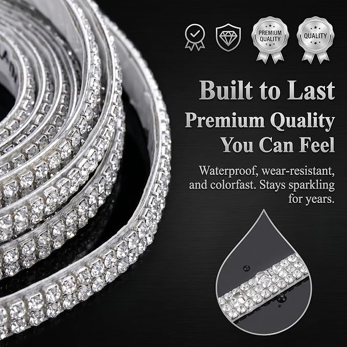 Bling Car Rhinestone Trim, 16.4Ft Self Adhesive Glitter Crystal Car Interior Accessories for Women, Auto Dashboard Line Molding Stickers, Diamond Ribbon Strips Decor for Most Car (White)