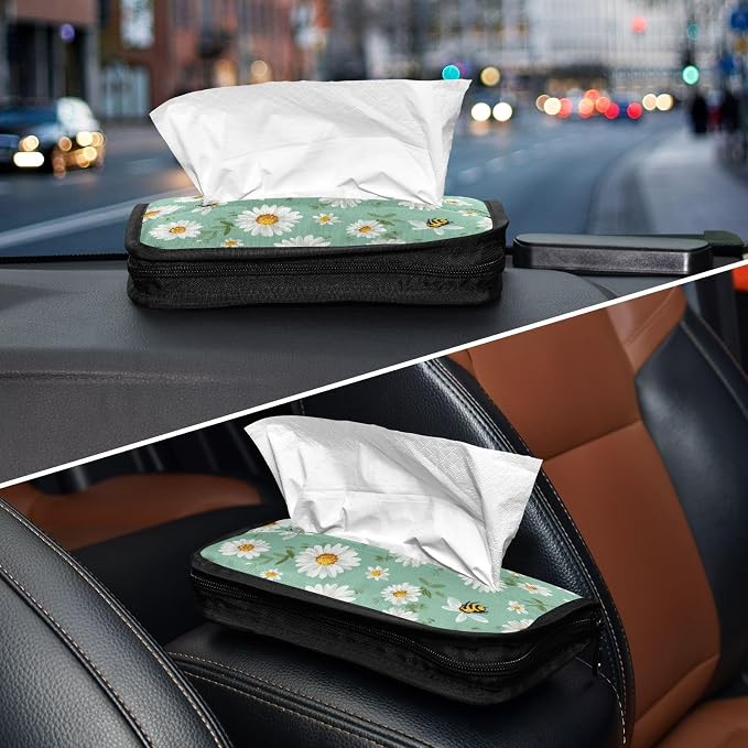 Mint Green Daisy Flowers and Bees Car Tissue Holder Durable Napkin Holder Hanging Tissue Holders Case Car Tissues Bag for Sun Visor Seat Back Universal Auto