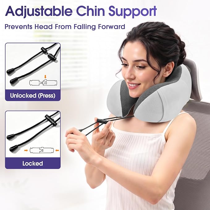 CloudBliss Travel Pillows for Airplane, Memory Foam Neck Pillows for Travel, Compact Neck Pillow for Long Flight, Car & Office, Plane Accessories with Eye Mask, Earplugs, Carry Bag, Black & Light Grey