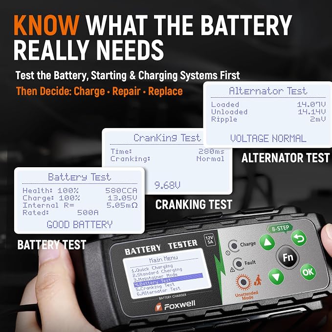 FOXWELL BC521 2-in-1 Battery Charger & Tester, 12V 5A, Test Before Charging | Test Car Battery Health, Cranking and Alternator Output, Then Use 8-Stage Charging, Pulse Repair Or Battery Maintenance