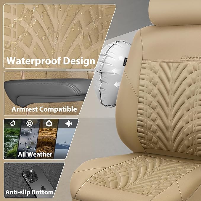 CAR PASS Neoprene Waterproof Seat Covers Full Sets, Wetsuit Car Seat Covers 5 Seats Universal Fit for Vans, Truck, SUV, 3D Tyre Embossed Seat Covers Anti Slip with Armrests, Aibag Compatible All Beige