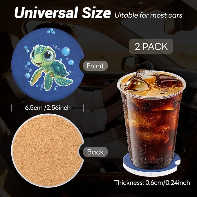 Car Cup Holder Ceramic Coasters 2 Pack, 2.56 in Anti Slip Absorbent Coaster with Cork Base and Finger Notch, Funny Cute Car Accessories Interior for Women, Green Turtle
