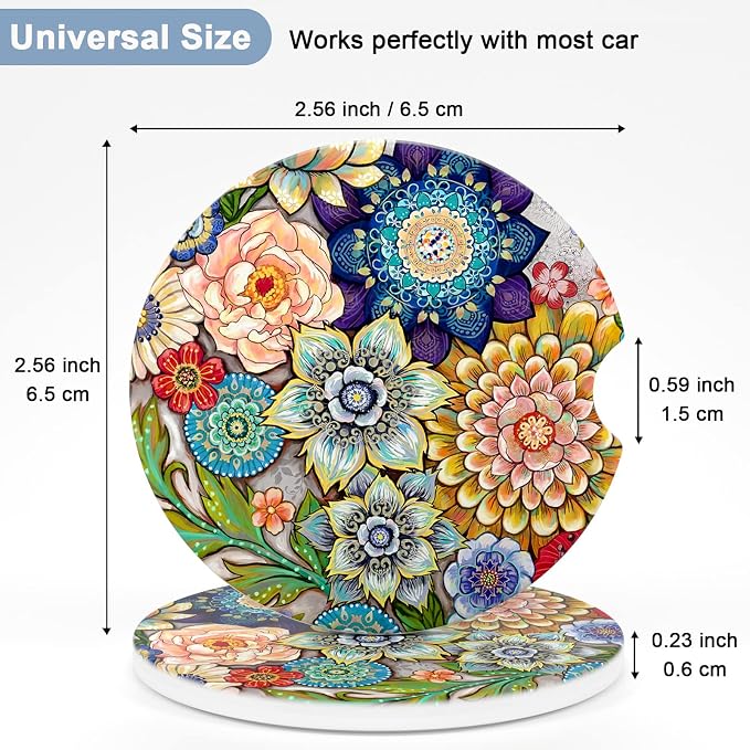 Nipichsha Car Coasters for Cup Holders, 2 Pack Absorbent Ceramic Car Cup Holder Coaster for Drinks, Cute Auto Assecories for Women Men, Size 2.56 in with Finger Notch & Cork Base, Colorful Mandala