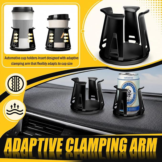 2PCS Car Cup Holder Insert,Anti-Shake Cup Holder Inserts for Car with Adaptive Clamping Arm & Suction Cups Mount,Universal Cupholder Insert for Cars Fits Most Trucks SUVs