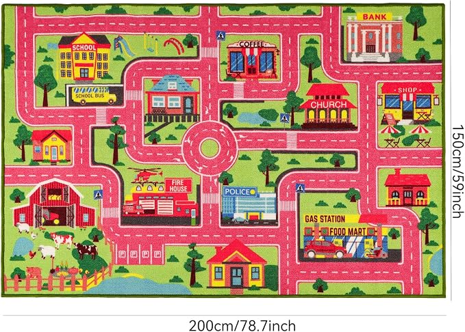Kids Carpet Playmat Rug 78.7"x59", Car Rug for Kids Cars, Non-Slip Town City Road Map Kids Rug for Playroom Bedroom Boys, Kids Cars Road Rugs, Track Carpets (78.7X59Inch,Pink)