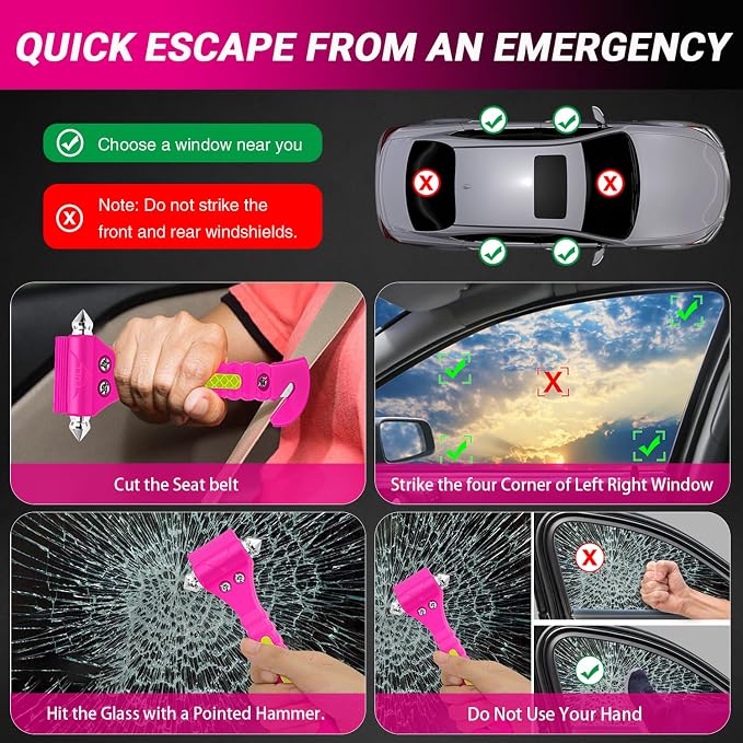 2-in-1 Car Emergency Escape Tool, Glass Window Breaker with Seatbelt Cutter, One Second Quick Release Safety Hammer for Car and Office Use -Pink