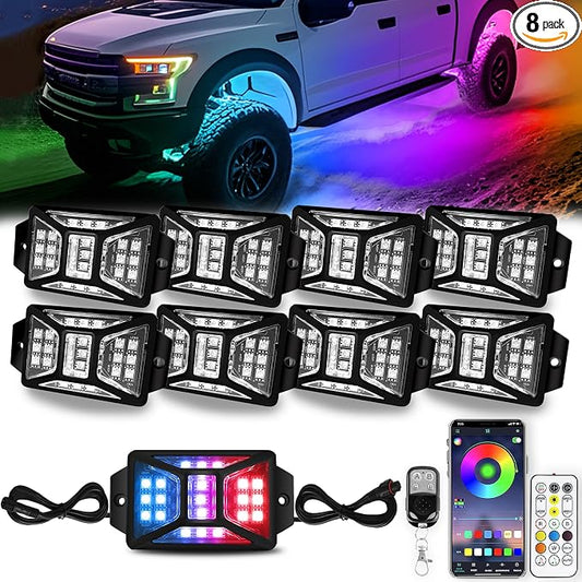 8 Pods 168 LEDs 5 Sides RGB Rock Lights, App/Remote Control Rock Lights for Trucks, Waterproof Multi-Color Bright Underglow Kits, Music Mode,Compatible with 12V Jeep UTV SUV ATV Golf RZR(Patented)