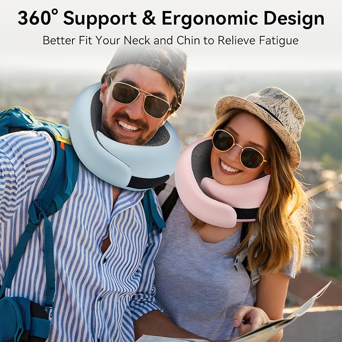 WANDER+ Plus® Travel Pillow, 100% Pure Memory Foam Travel Neck Pillow Airplane Neck Support Ergonomic Design Best for Sleeping Plane Car Train Office Flight for Adults Ash Grey