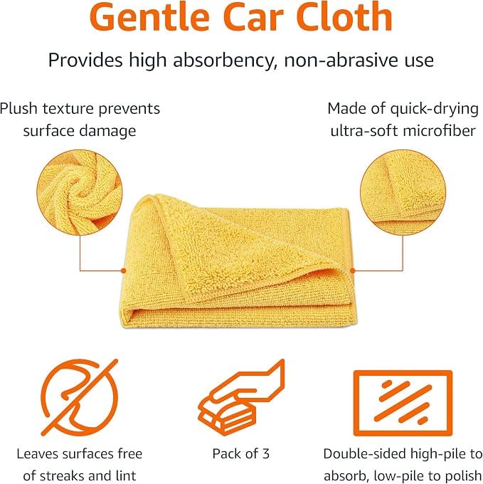 Amazon Basics Microfiber Car Drying Towels, Highly Absorbent, Lint Free, Scratch Free, Buffing and Polishing, Auto Detailing, No Streaks, Soft, Quick Drying, 16" x 16", Yellow, 3-Pack