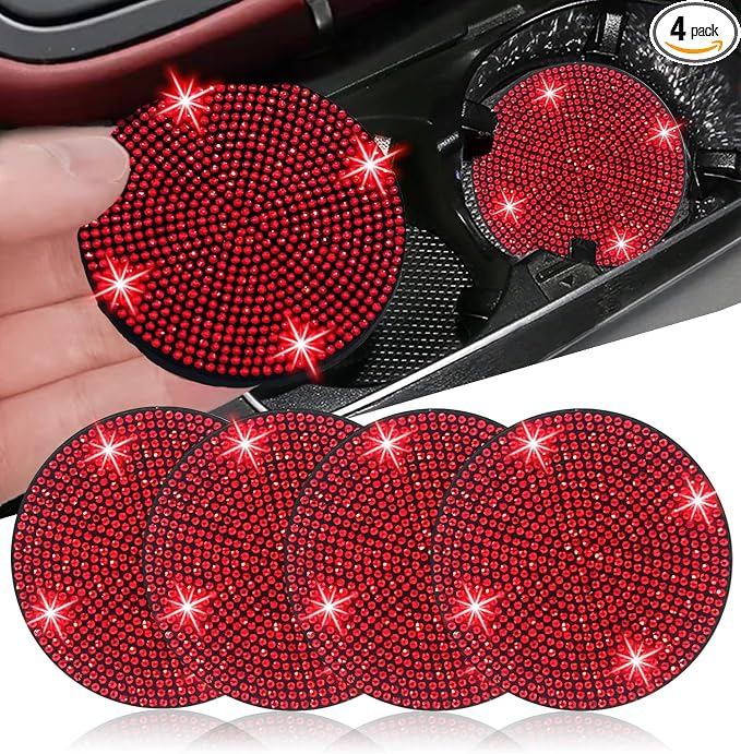 NBTEPEM 4pcs Bling Car Cup Holder Coaster, 2.75 inch Anti-Slip Shockproof Universal Fashion Car Coasters Insert Bling Crystal Rhinestone Automotive Interior Accessories for Women (4 pcs, Red)