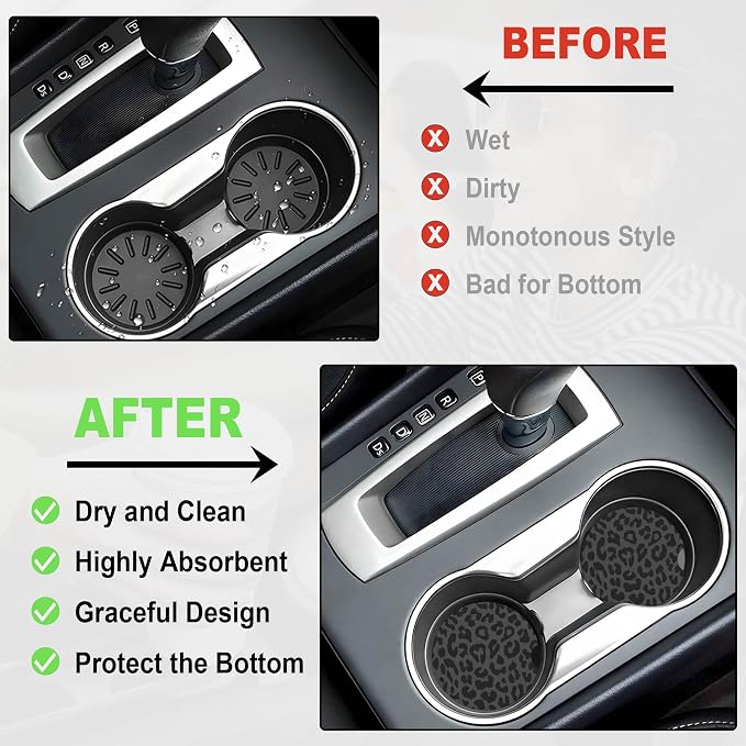 2 Pack Car Coasters for Cup Holders, 2.56" Universal Absorbent Ceramic Stone Car Cup Holder Coasters with Non-Slip Cork Base,Car Interior Accessories for Women Men(Black Leopard Cheetah Print)