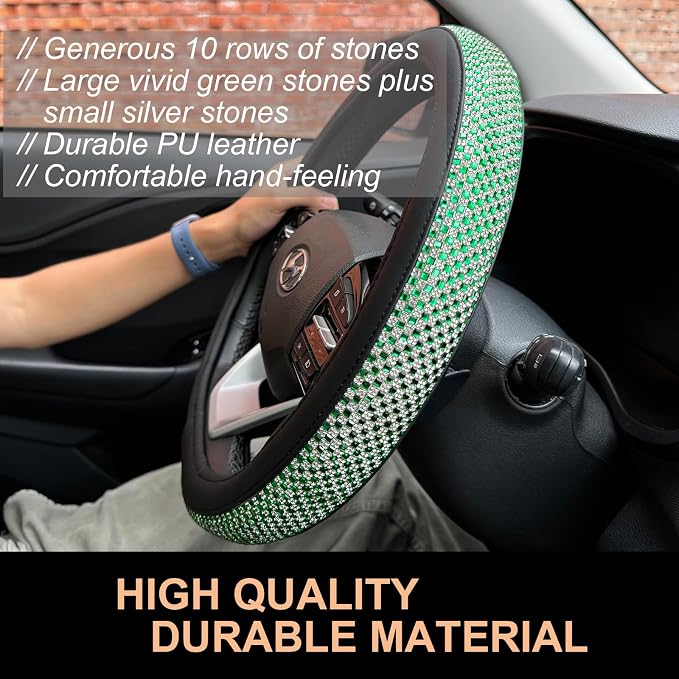 PINCTROT D Shaped Bling Comfy Steering Wheel Cover with Jumbo Crystal Rhinestones, Anti-Slip Diamond Leather, Flat Bottom 14.5-15 Inch (Vivid Green)