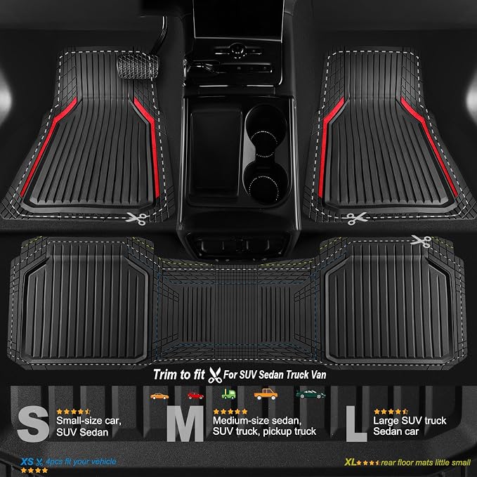 CAR PASS Heavy Duty Rubber Floor Mats for Car, Waterproof Liner Deep Dish Car Mats Full Sets, Universal Trim to Fit for SUV Truck Sedans Vans, All Weather Automotive Floor Mats 3pcs, Black Red