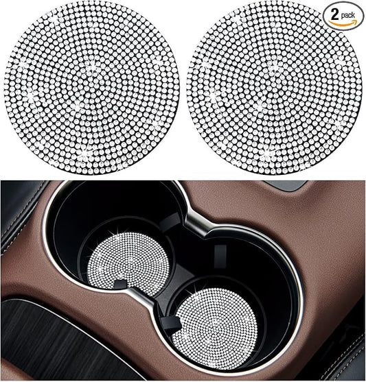 Ziciner 2PCS Bling Car Cup Holder Coaster, 2.73 Inch Anti-Slip Cup Insert Coasters, Crystal Rhinestone Auto Drink Cup Mat, Universal Interior Decor Car Accessories for Women Girls (White)