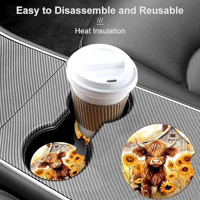2 Pack Highland Cow Car Cup Holder Coasters,Universal Neoprene Coasters | 2.75" Universal Size Anti Slip Rubber Mat,Auto Cup Holder Accessories for SUV Truck,Cow Print Gifts for Women,Men,Mom