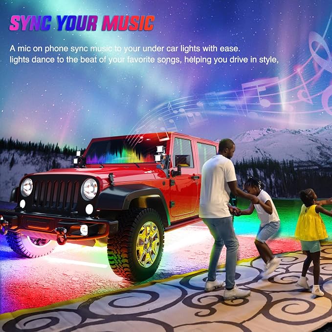Nilight 4Pcs Car Underglow Neon Accent Strip Lights 256 LEDs RGB Multi Color DIY Sound Active Function Music Mode with APP Control and Remote Underbody Light Strips