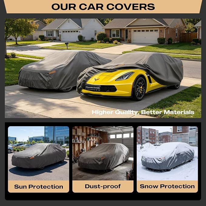 Kayme Heavy Duty Car Cover Custom Fit Chevrolet Corvette 1980-2026, Waterproof All Weather Outdoor Full Protection, Sun Rain UV Resistant with Zipper Door and Windproof Straps.