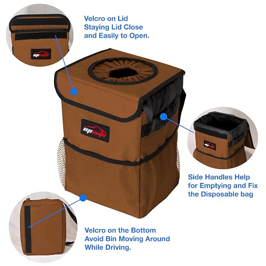EPAuto Waterproof Car Trash Can with Lid and Pockets, 2.5 Gal, Brown | Leakproof, Collapsible Multipurpose Car Bin with 3 Side Storage Pockets, Adjustable Straps