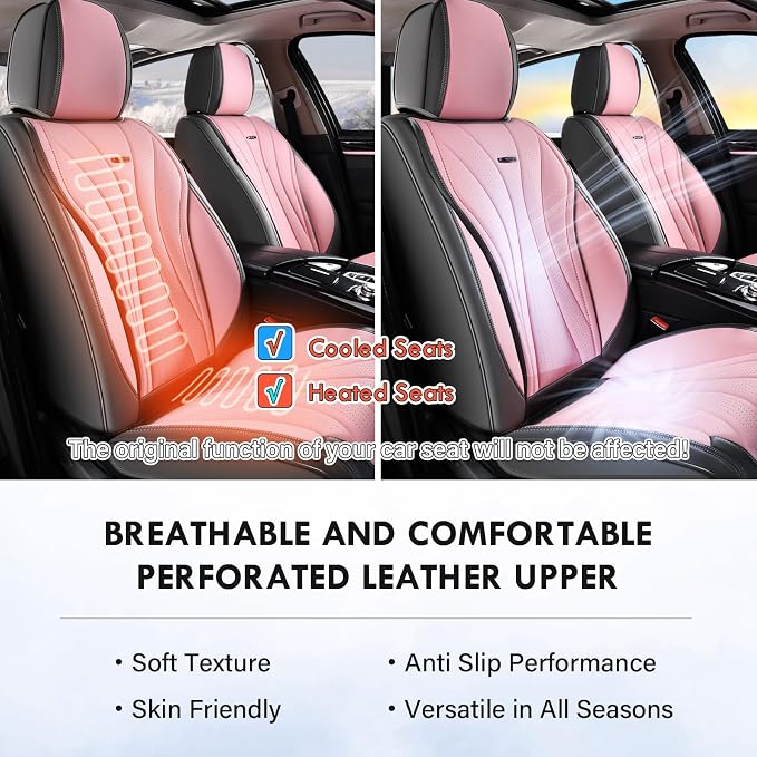 Coverado Car Seat Covers Full Set, Universal Seat Cover for Cars, Luxury Faux Leather Seat Covers, Car Seat Protector Waterproof, Automotive Seat Cover, Car Seat Cushions Fit for Most Cars (Gray&Pink)