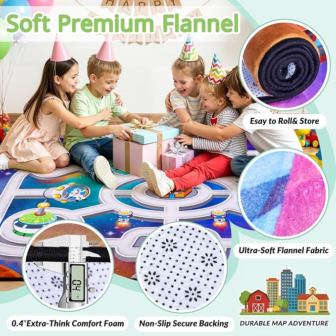 Kids Space Rug 3 x 5 Ft | Outer Space Road Play Mat with Planets & Rockets, Non-Slip Educational Carpet for Playroom