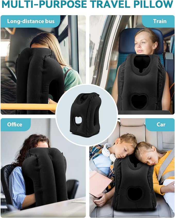 Inflatable Travel Pillow, Airplane Neck Pillow Comfortably Supports Head and Chin for Airplanes, Trains, Cars Office Napping on The Tray Table (Black)