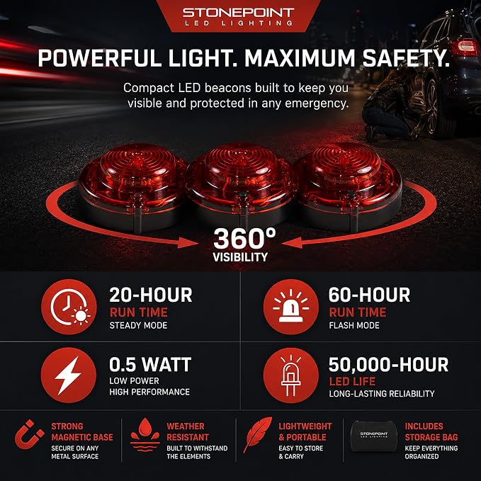 Emergency LED Road Flare Kit Set of 3 LED Bright Roadside Beacons with Magnetic Base Flashing or Steady Red Lights Includes Storage Bag