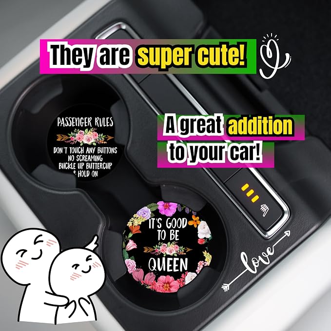 Funny Car Coasters for Cup Holders - 2 Pack Cute Flower Car Accessories for Women, Funny Sayings Floral Stuff Decor, Absorbent Ceramic Cup Holder Coaster for Car to Keep Clean, Gag White Elephant Gift