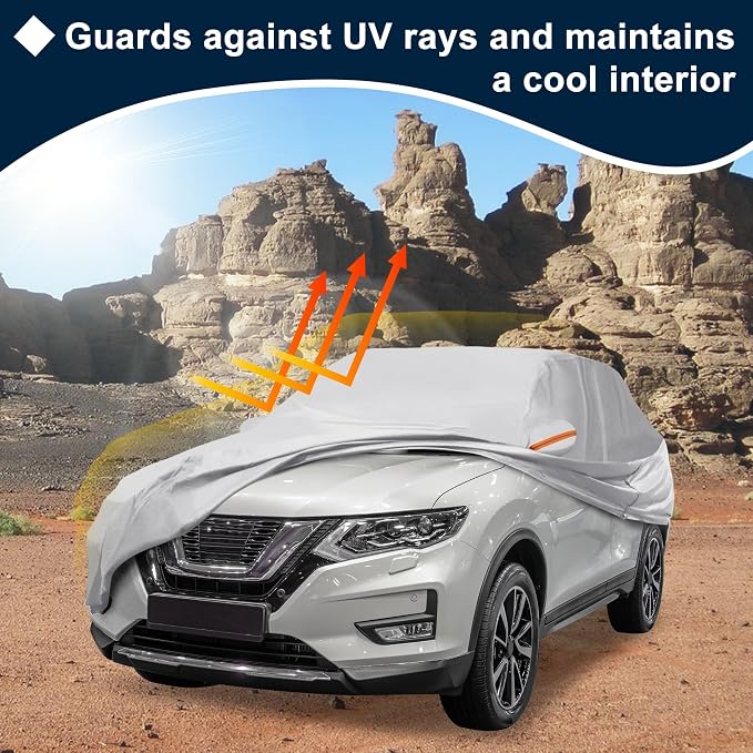 Silver Tone Heavy Duty Waterproof Car Cover for SUV 182"-190" - All-Weather UV Protected Outdoor Full Exterior Cover with Sun/Snow/Rain Resistance
