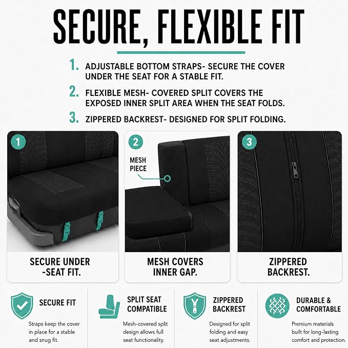 FH Group Rear Set Travel Master Car Seat Covers - Universal Fit, Split Bench Rear Seat, Washable, for SUV, Sedan, Black