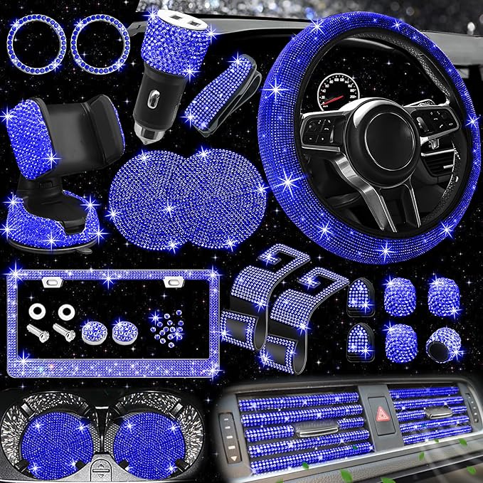 NBTEPEM 27 PCs Blue Bling Car Accessories Set for Women, Steering Wheel Covers Universal Fit 15 Inch, Bling License Plate Frame, Bling Phone Holder, Bling Car Coasters (Blue Diamond)