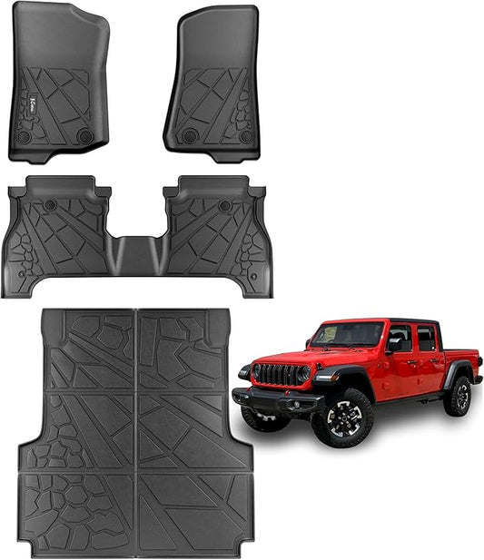 KARPAL Floor Mats & Truck Bed Mat for 2020-2025 2026 Jeep Gladiator JT, All Weather TPE Custom Fit Floor Liners Car Mats Accessories, Front & 2nd Row & Cargo Liner