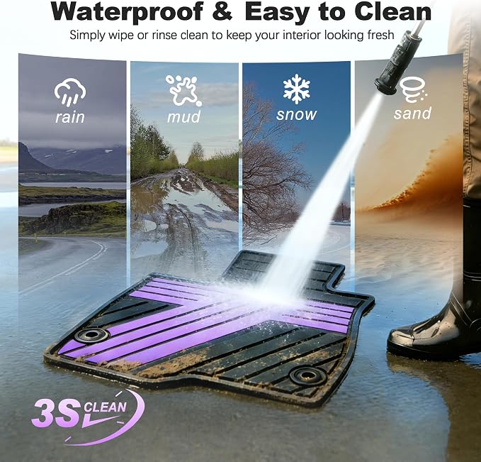Rubber Floor Mats for Honda Civic Sedan 2012-2015 (Not for Coupe) | All Weather Heavy Duty Car Mats Fit for Civic, 1st & 2nd Row, Black & Purple