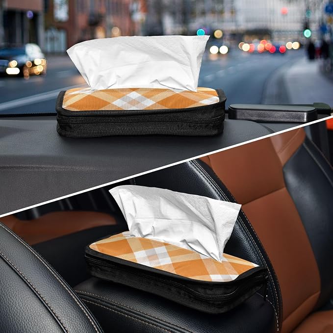 Orange and White Checkered Pattern Car Tissue Holder Durable Napkin Holder Hanging Tissue Holders Case Car Tissues Bag for Sun Visor Seat Back Universal Auto