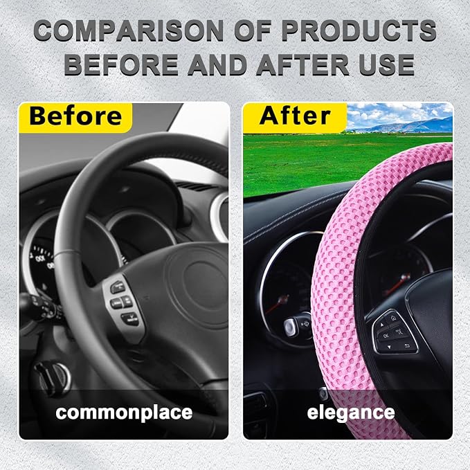 Kewucn Car Elastic Stretch Steering Wheel Cover, Soft Microfiber Breathable Ice Silk, Universal 15 Inch Anti-Slip Auto Steering Wheel Protector, Fit Car, SUV, Van, Sedan, Truck (Pink)