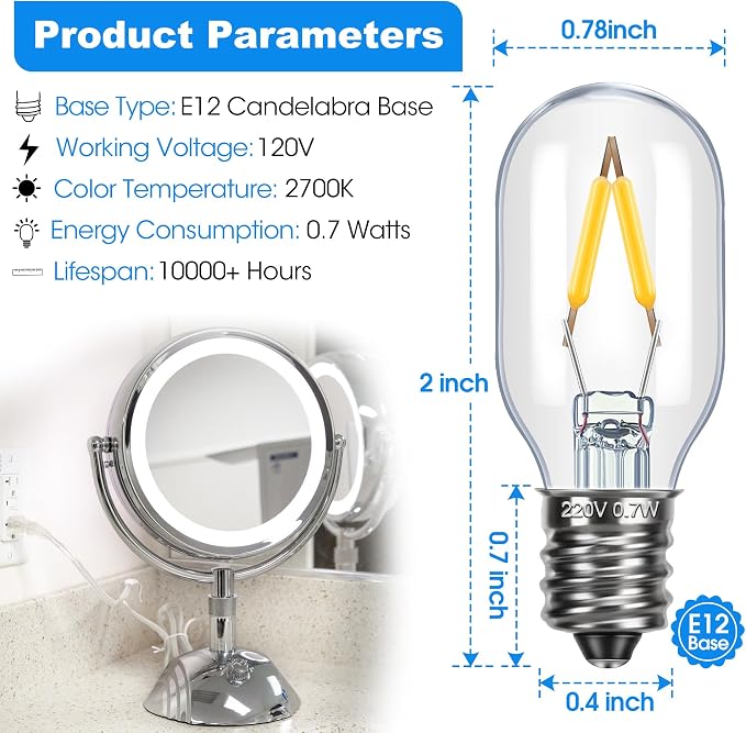 Glooglitter Makeup Mirror Replacement LED Bulbs, E12 Base Type T Bulb T20, 0.7W 120V Light Bulbs Compatible with BE66 /BE67 Series and BE18LC /BE18XN /BE18LCX /BE104X Series (4 Pack,Clear and Blue)