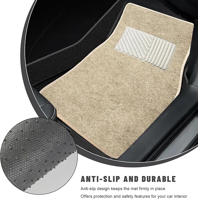 Sun Walker 4 PCS Car Floor Mats, Waterproof Anti-Slip Front & Rear Car Carpets with Driver Heel Pad, All Weather Floor Protective Pads Universal for SUVs Trucks Sedans Vans (Beige)