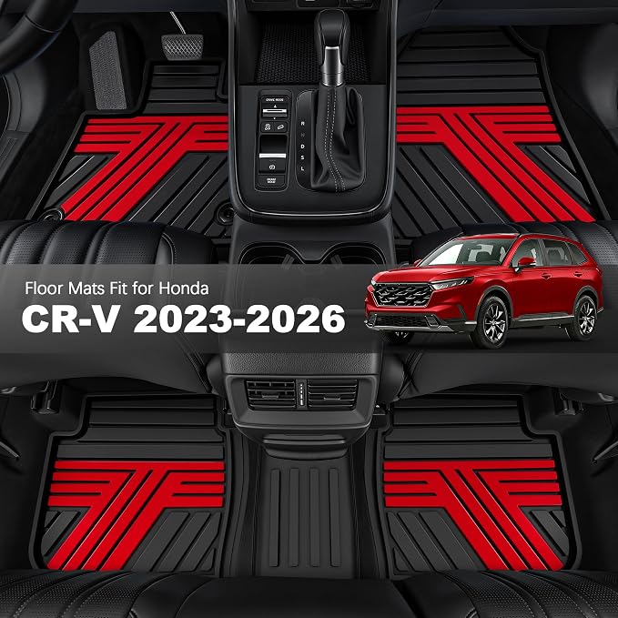 Rubber Floor Mats for Honda CR-V 2026 2025 2024 2023 (Gasoline & Hybrid) | All Weather Custom Fit Heavy Duty Car Mats for CRV, 1st & 2nd Row, Black & Red