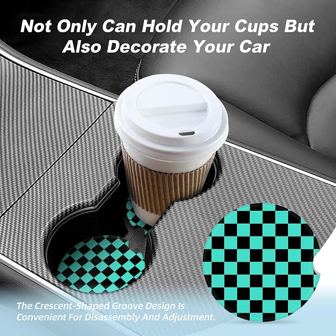 Green and Black Checkered Car Coasters for Cup Holders,2 Pack Car Cup Holder Coasters for Car,Ceramic Absorbent Car Coaster with A Finger Notch and Cork Base,Car Interior Accessories for Women Men