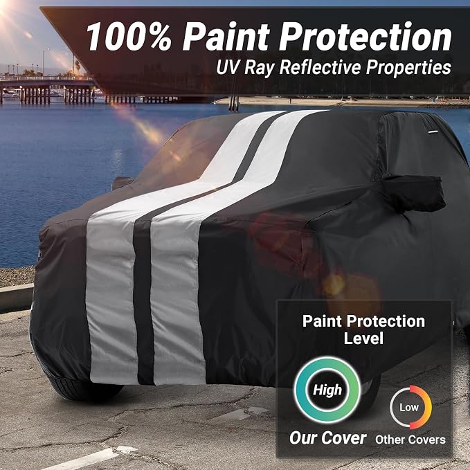 iCarCover Premium Plus Truck Cover Waterproof All Weather Rain Snow UV Sun Protection, F-150, Ram 1500, Silverado 1500, Sierra 1500, Tundra, Size T84 (See Size Chart) Stripe - Black/Gray