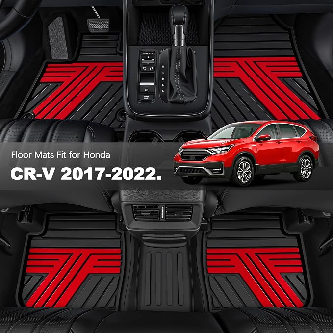All Weather Rubber Floor Mats for Honda CR-V 2017-2022 (Gasoline & Hybrid) | Custom Fit Heavy Duty Anti-Slip Car Mats for CR-V, 1st & 2nd Row, Black & Red