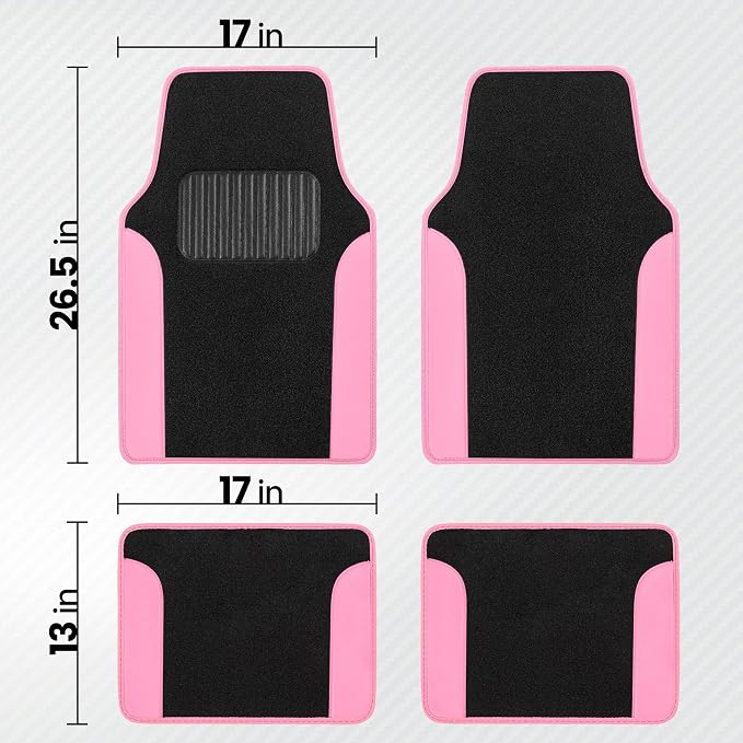 BDK Carpet Floor Mats for Cars, Two-Tone Carpet Car Mat with Faux Leather Accents, Automotive Floor Mat Sets with Built-in Heel Pad, Stylish Interior Car Accessories Pink
