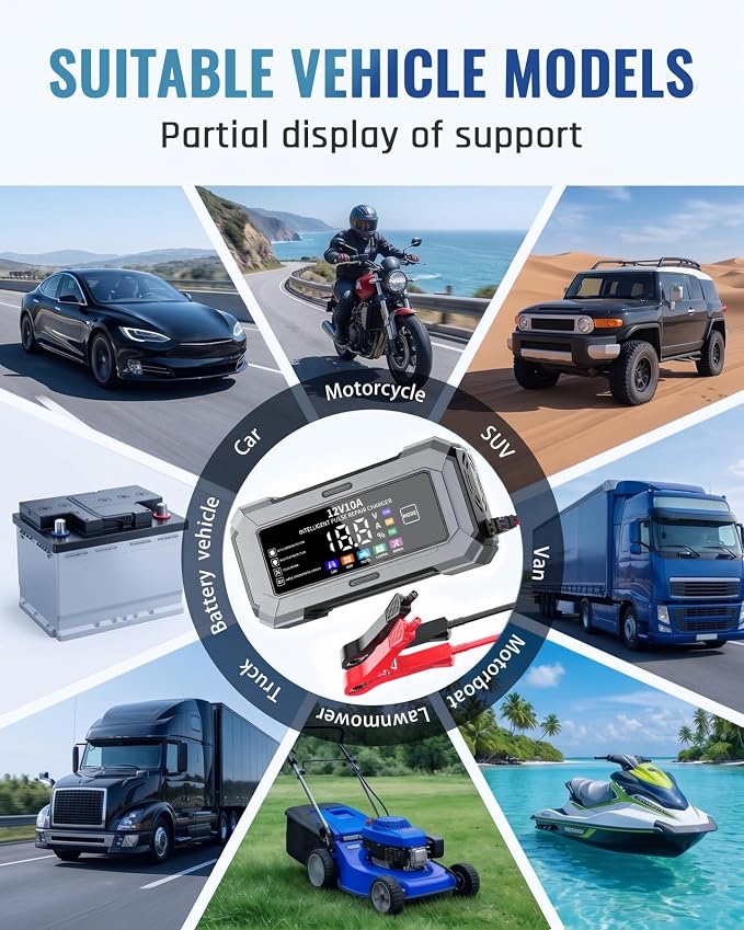 Car Battery Charger Automatic Trickle Charger and Battery Maintainer with Pulse Repair Digital Display Trickle Charger for Car Battery 12V6A Auto Battery Charger for AGM Motorcycle LiFePO4 Batteries